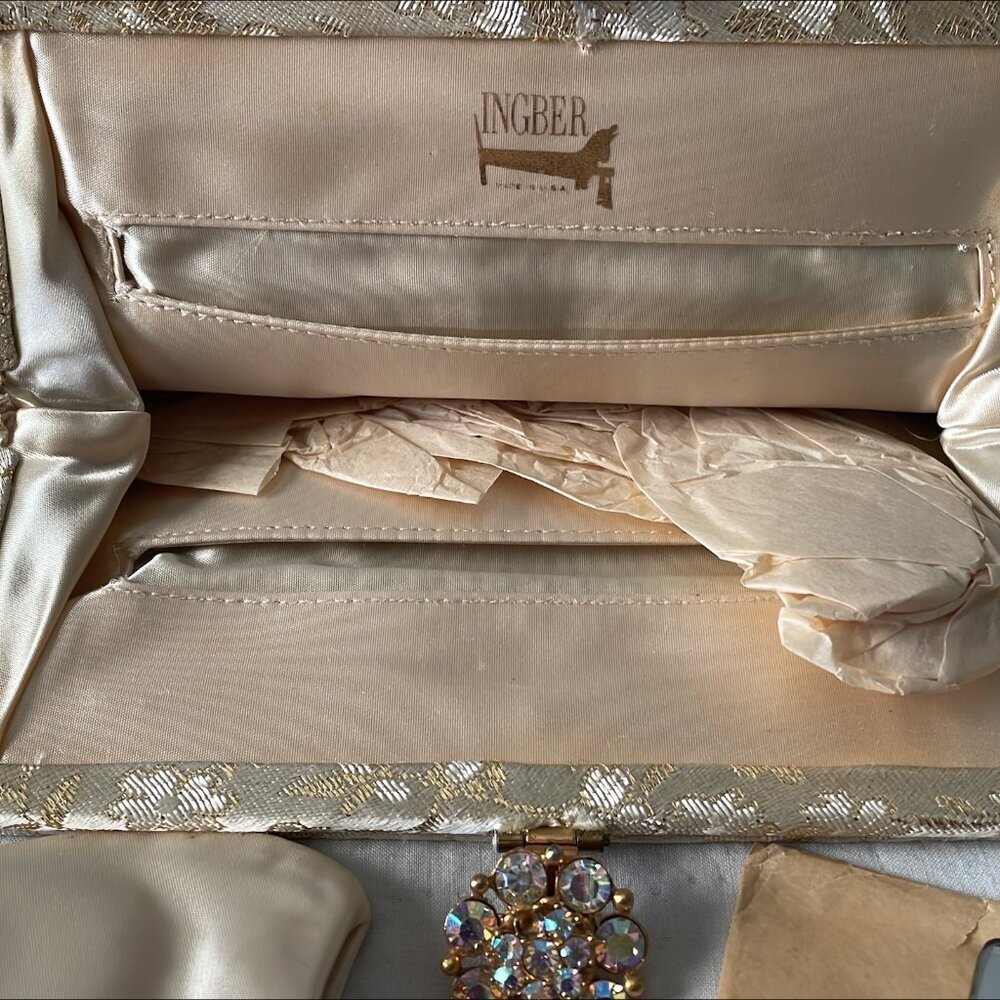 VINTAGE 1950s Ingber Gold Brocade Jeweled Clutch w Mirror Set - Picture 9 of 12